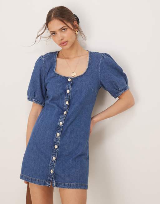 ASOS DESIGN denim button through mini dress with puff sleeves in midwash blue, 4 of 4