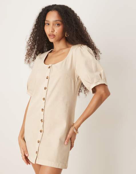 ASOS DESIGN denim button through mini dress with puff sleeves in neutral - view 1