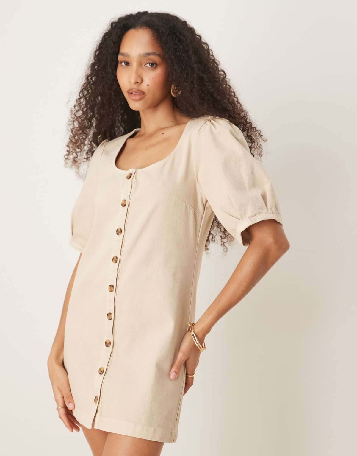 ASOS DESIGN denim button through mini dress with puff sleeves in neutral