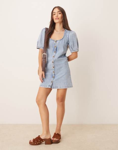 ASOS DESIGN denim button through mini dress with puff sleeves in pale wash - view 1