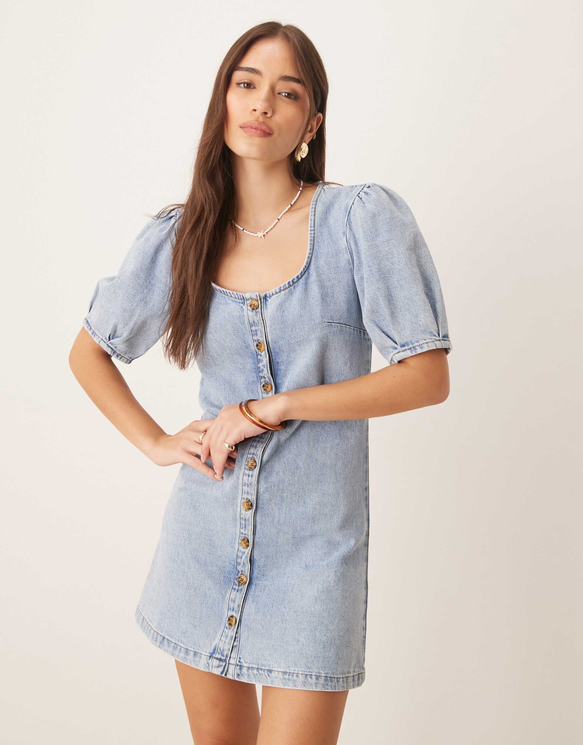 asos design denim button through mini dress with puff sleeves in pale wash