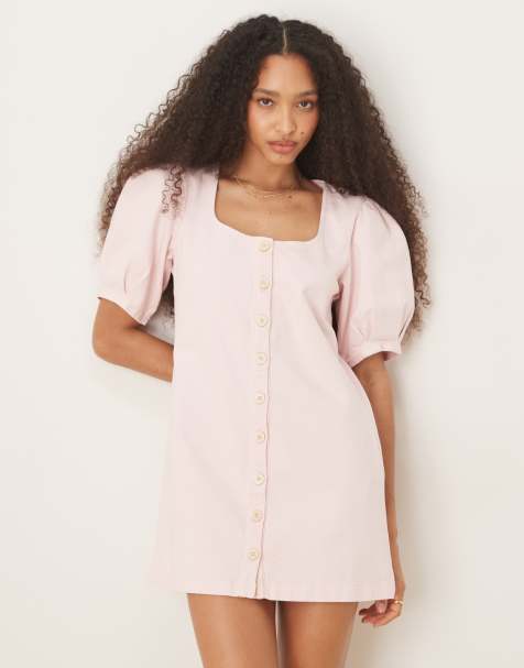 ASOS DESIGN denim button through mini dress with puff sleeves in soft pink - view 1