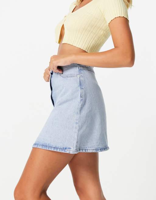 ASOS DESIGN denim button through skirt in blue ASOS