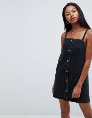 ASOS DESIGN denim button through slip dress in black with tortoiseshell buttons