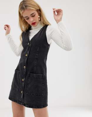 v neck denim pinafore dress