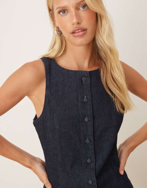 ASOS DESIGN denim button through waistcoat dress in dark rinse, 3 of 4