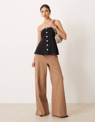 Asos Design Denim Button Up Bandeau Top With Gold Buttons In Black