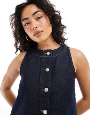 Asos Design Denim Button Up Curve Hem Top In Blue