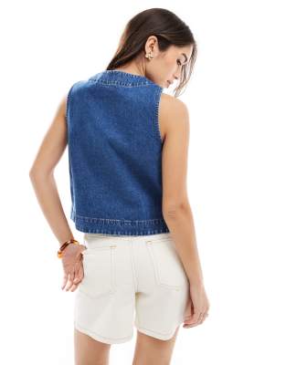 Asos Design Denim Button Up Curve Hem Top In Blue