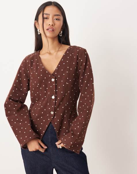 ASOS DESIGN denim button up long sleeve top in brown micro polka dot - view 1