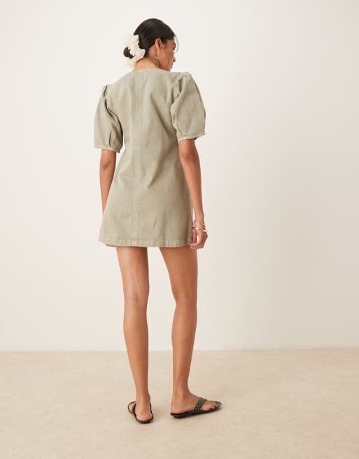 ASOS DESIGN denim button through mini dress with puff sleeves in khaki