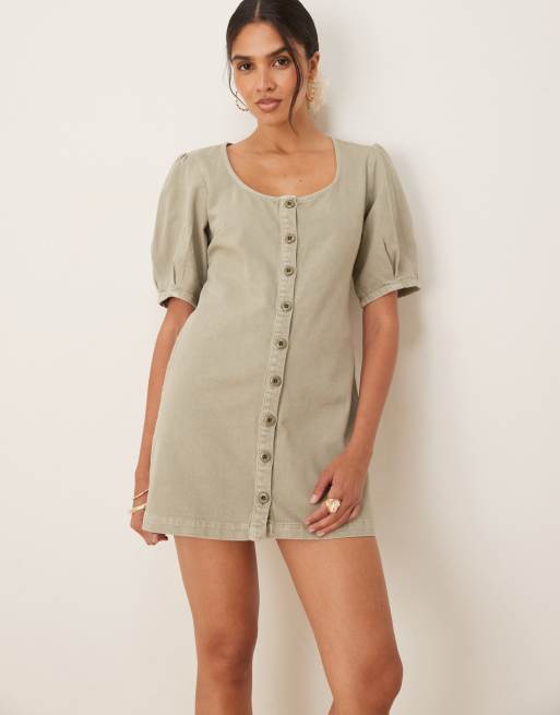 ASOS DESIGN denim button through mini dress with puff sleeves in khaki