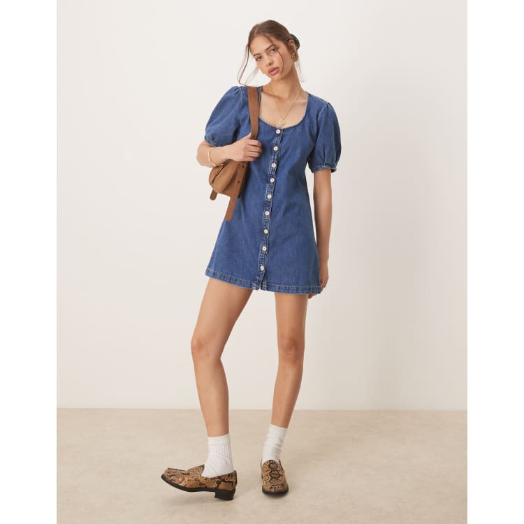 ASOS DESIGN denim button up mini dress with puff sleeves in