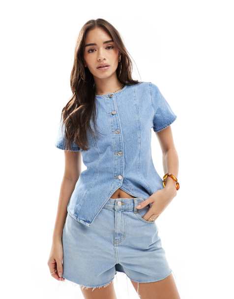 ASOS DESIGN denim button-up short sleeve top in bleach - view 1