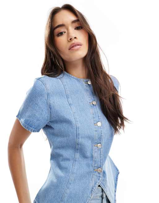 ASOS DESIGN denim button up short sleeve top in bleach, 4 of 4
