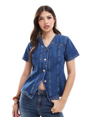 denim button up short sleeve top in dark indigo-Blue