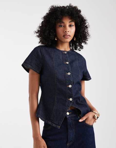 ASOS DESIGN denim button up short sleeve top in indigo rinse - view 1