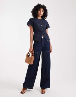 Asos Design Denim Button Up Short Sleeve Top In Blue