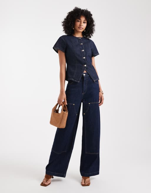 Top vaquero azul añil enjuagado de manga corta con botones de ASOS DESIGN