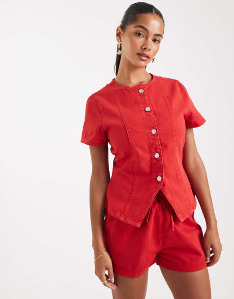 ASOS DESIGN denim button up short sleeve top in letterbox red - view 1