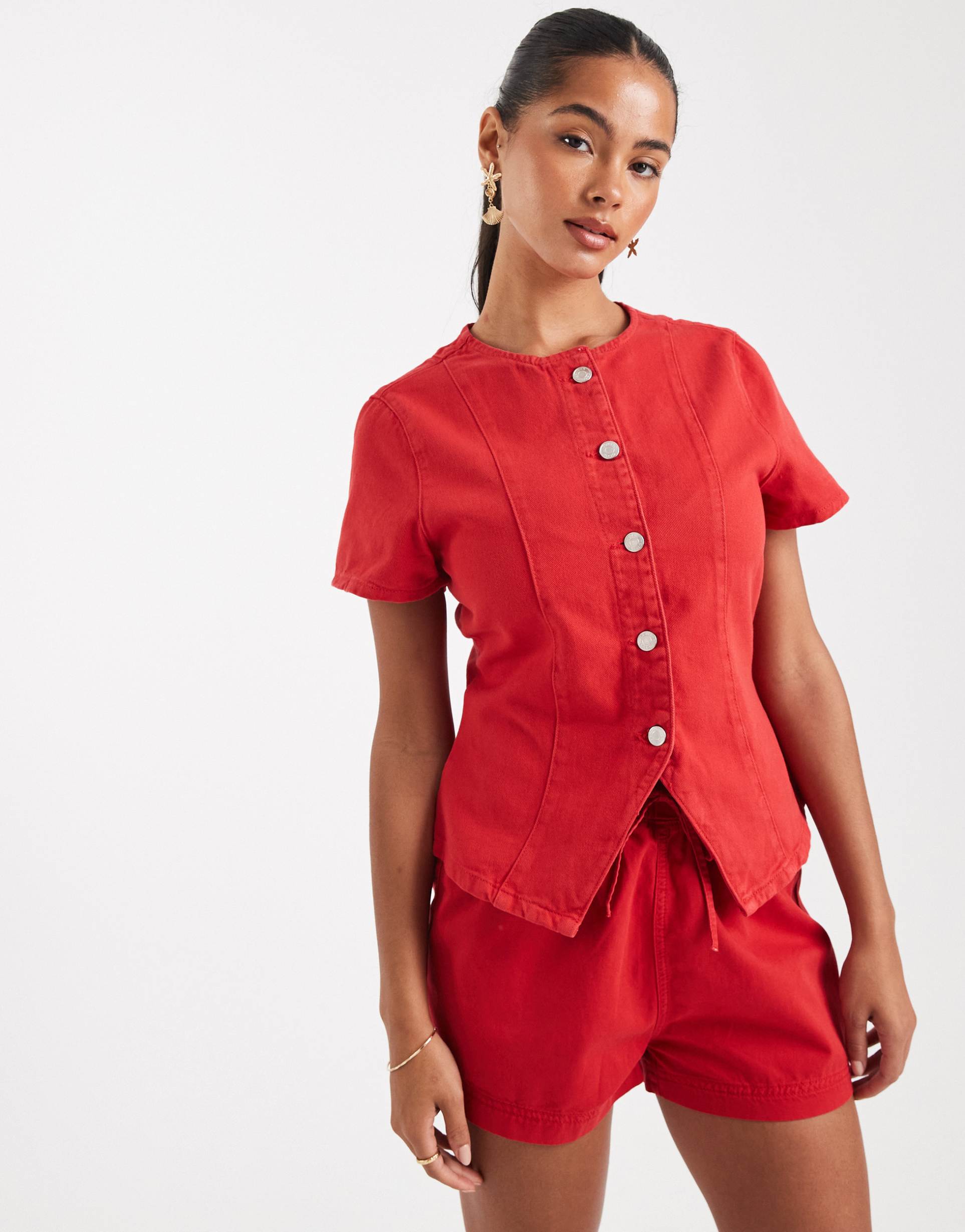 asos design denim button up short sleeve top in letterbox red