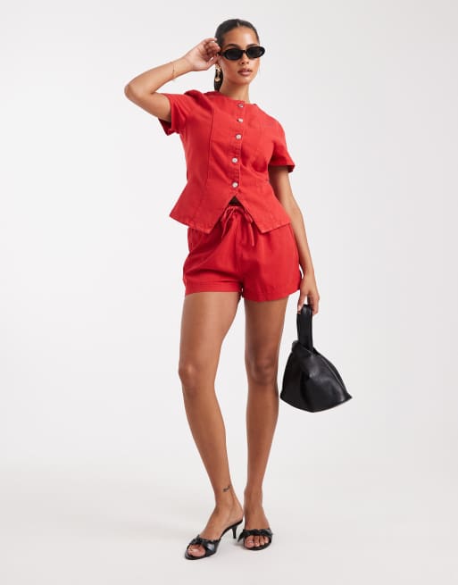 ASOS DESIGN denim button up short sleeve top in letterbox red, 2 of 4