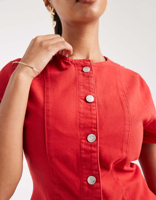 ASOS DESIGN denim button up short sleeve top in letterbox red, 3 of 4