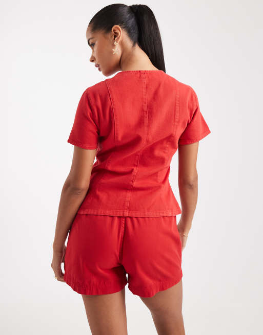 ASOS DESIGN denim button up short sleeve top in letterbox red, 4 of 4