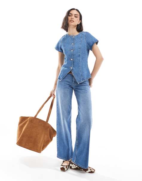 ASOS DESIGN denim button up short sleeve top in mid blue - view 2