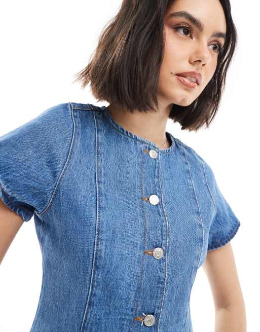 ASOS DESIGN denim button up short sleeve top in mid blue, 3 of 4