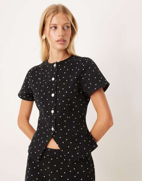 ASOS DESIGN denim button up short sleeve top in mini polka dot - view 1