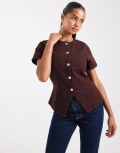 [ASOS DESIGN] ASOS DESIGN denim button up short sleeve top in plum-Purple S Plum
