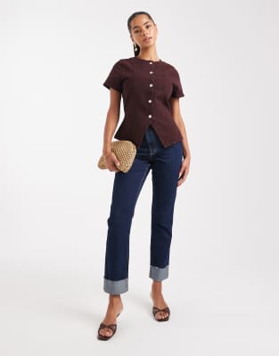 Asos Design Denim Button Up Short Sleeve Top In Brown
