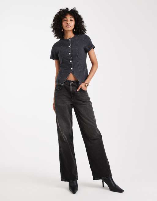 ASOS DESIGN denim button up short sleeve top in washed black
