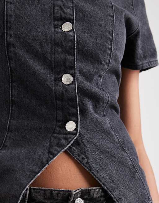 ASOS DESIGN denim button up short sleeve top in washed black