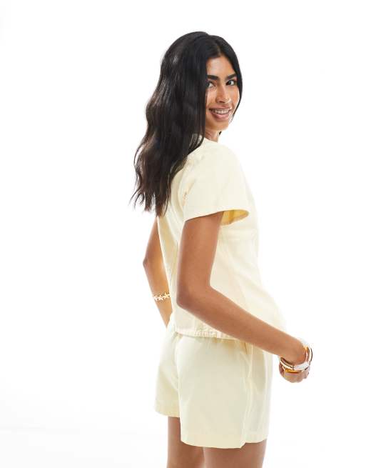 ASOS DESIGN denim button up short sleeve top in yellow