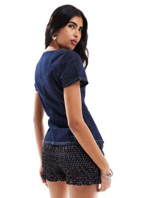 Asos Design Denim Button Up Top With V Neck And Half Sleeve In Blue