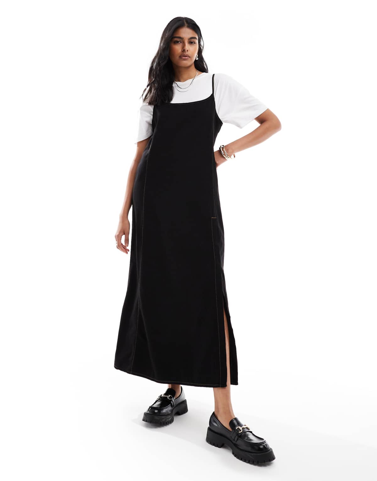 ASOS DESIGN denim cami maxi dress in black with contrast stitch and split hem