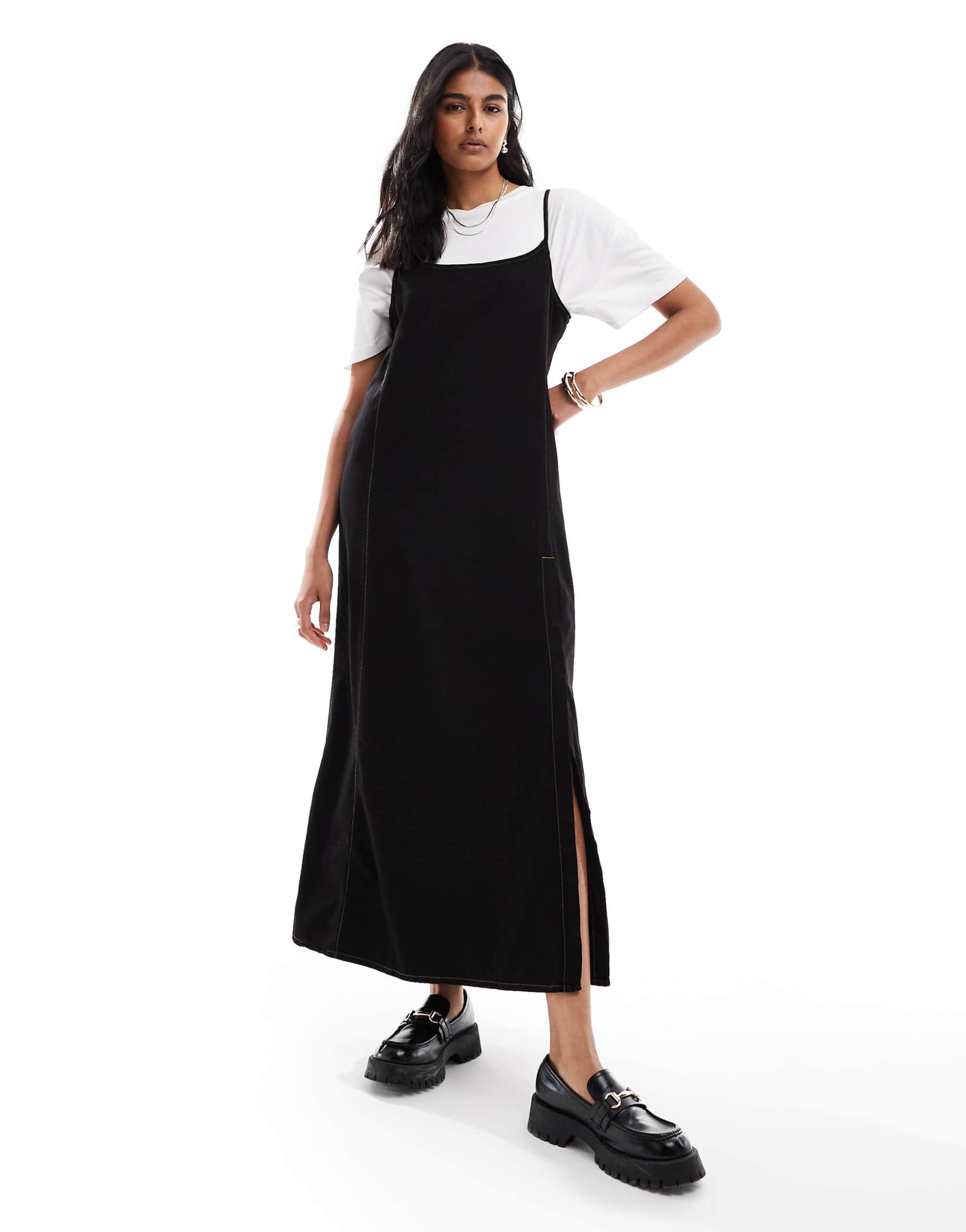 asos design denim cami maxi dress in black with contrast stitch and split hem