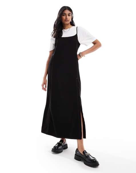 ASOS DESIGN - Denim cami maxi jurk met contraststiksels en split in zwart - view 1