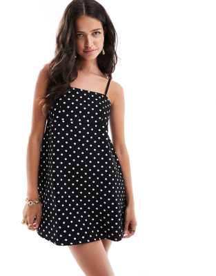 denim cami mini dress in polka dot print in black