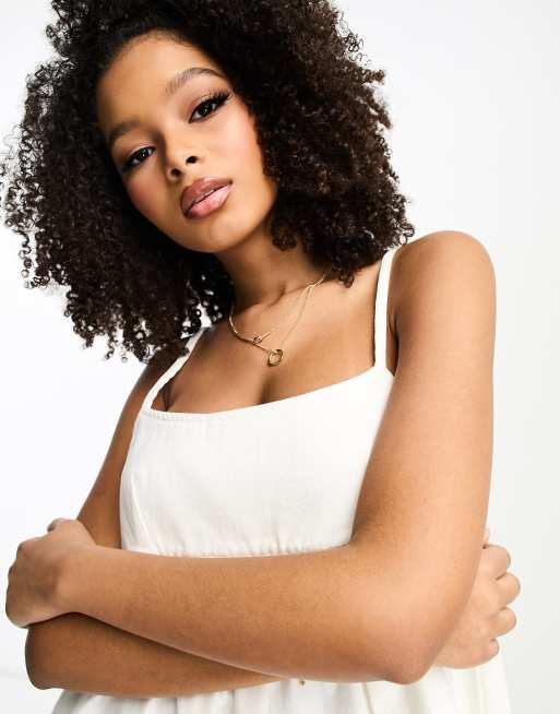 asos white denim dress ASOS LUXE Curve denim ruffle plunge tiered mini dress with diamante buttons  in white