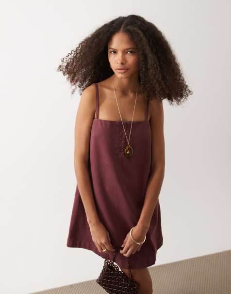 ASOS DESIGN denim cami mini dress with button detail in burgundy - view 1