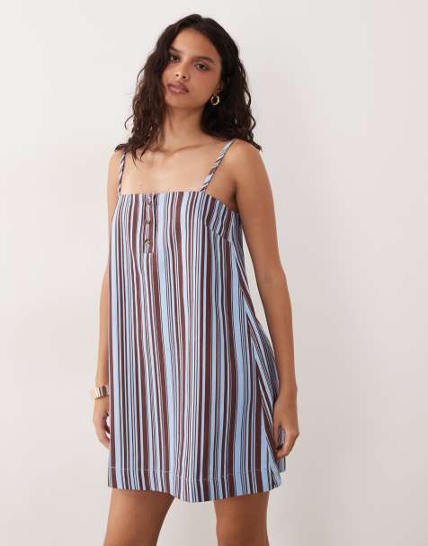 ASOS DESIGN denim cami mini dress with button detail in stripe - view 1