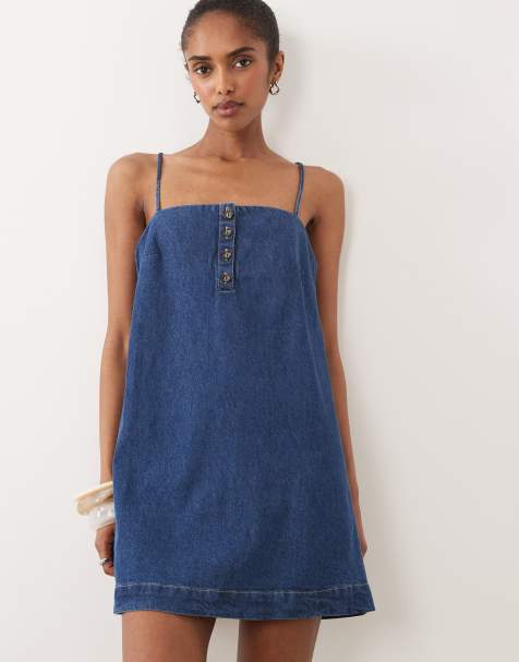 ASOS DESIGN denim cami mini dress with button detail mid blue - view 1