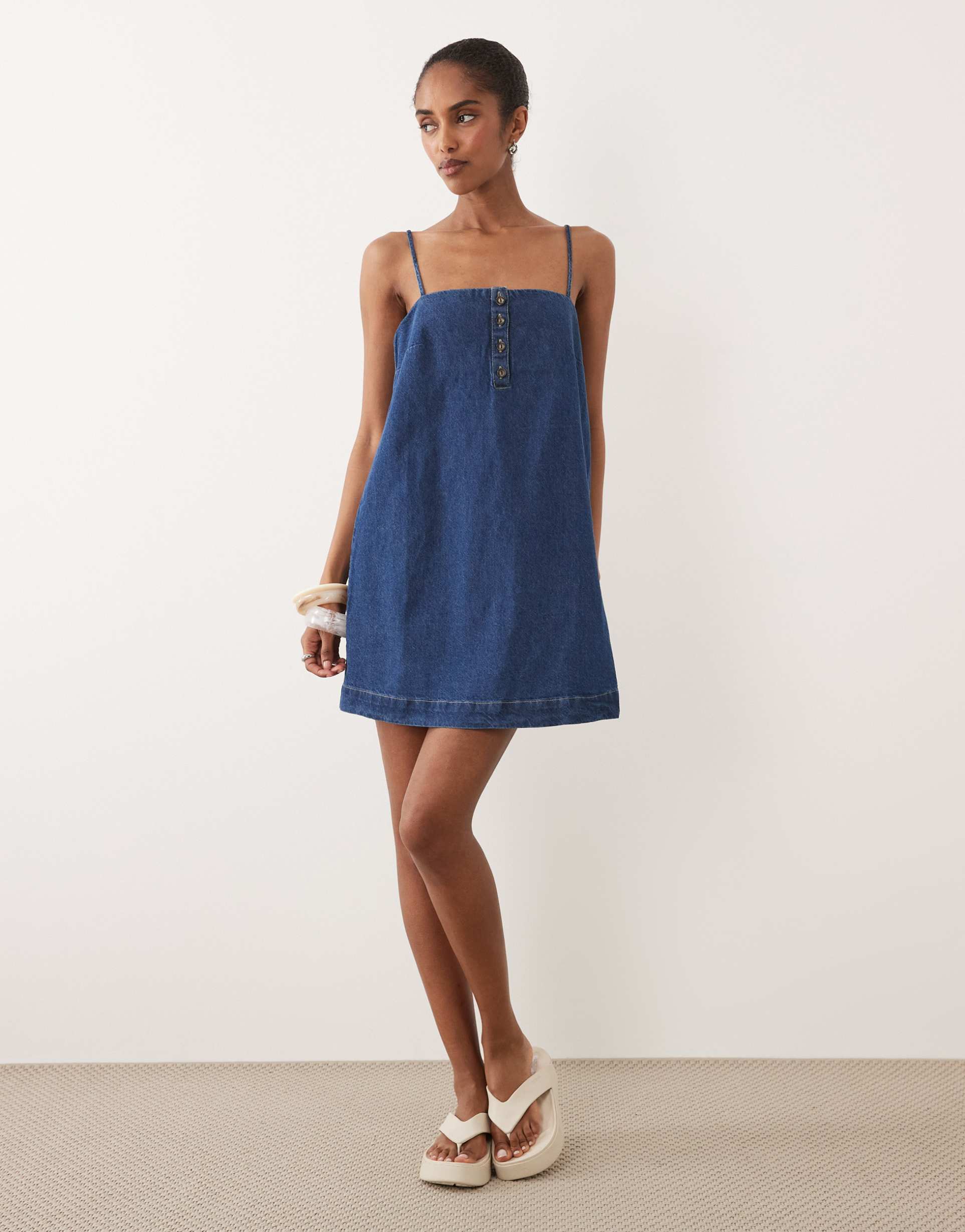 asos design denim cami mini dress with button detail mid blue