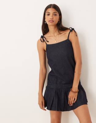Asos Design Denim Cami Mini Dress With Pleated Hem In Blue