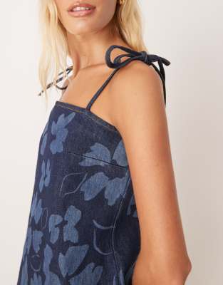 ASOS DESIGN denim cami mini dress with tie straps in floral laser indigo