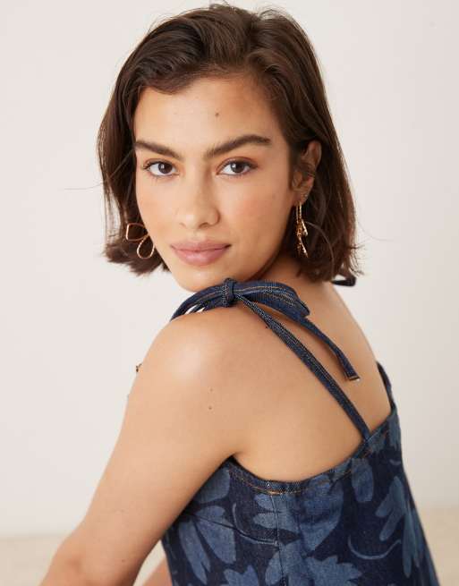 ASOS DESIGN denim cami top co-ord with tie straps in floral laser indigo, 3 of 4