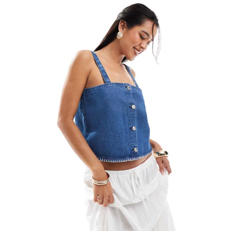 ASOS DESIGN denim cami top with blanket stitch hem in mid blue | ASOS